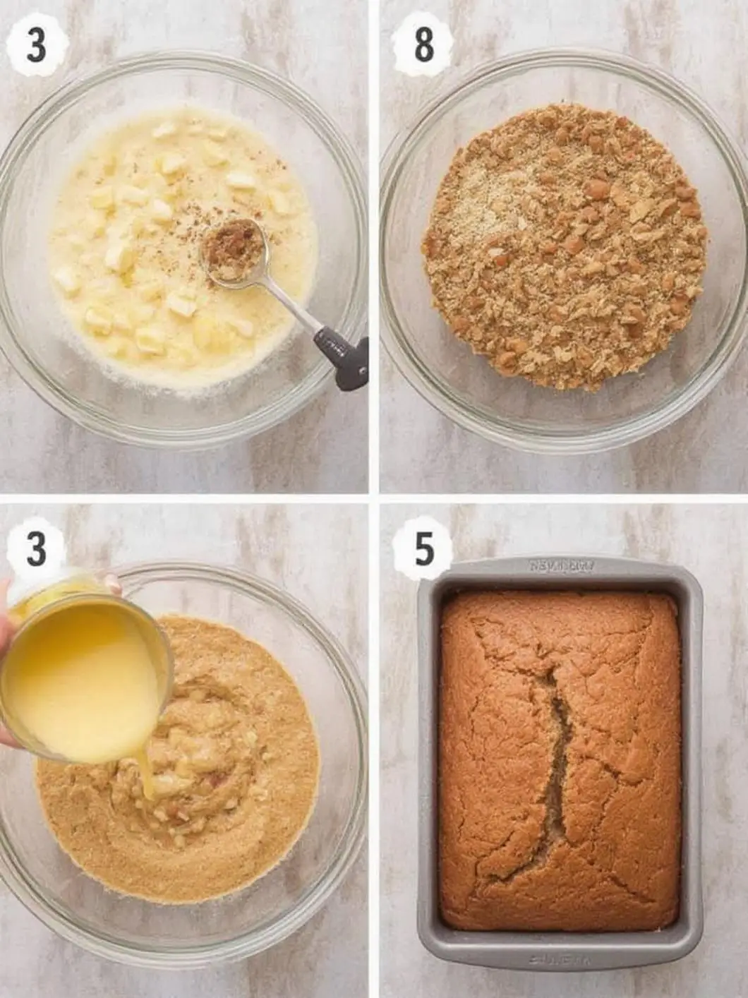 Hands mixing banana bread batter in bowl