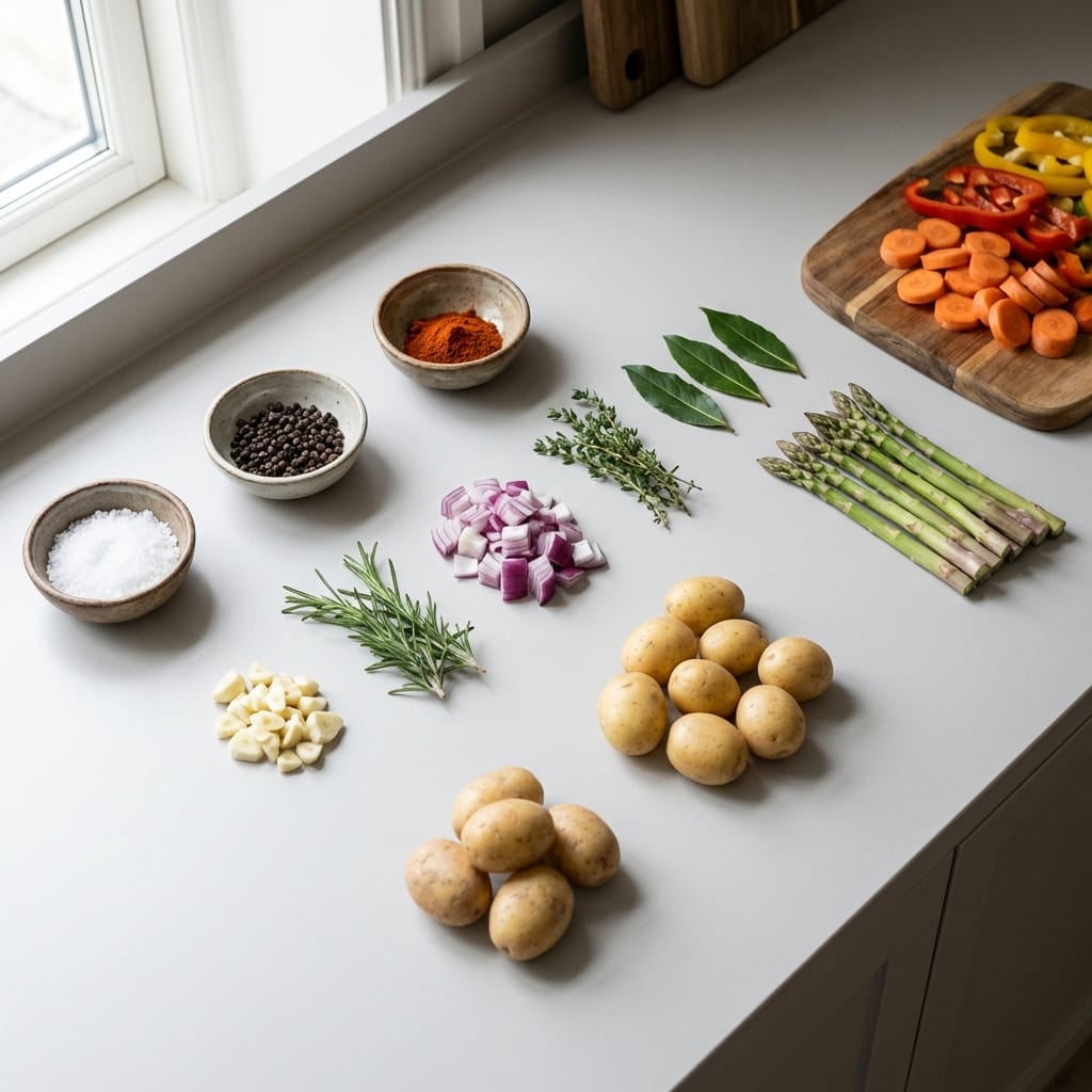 Ingredients for chocolate chip cookies laid out on counter